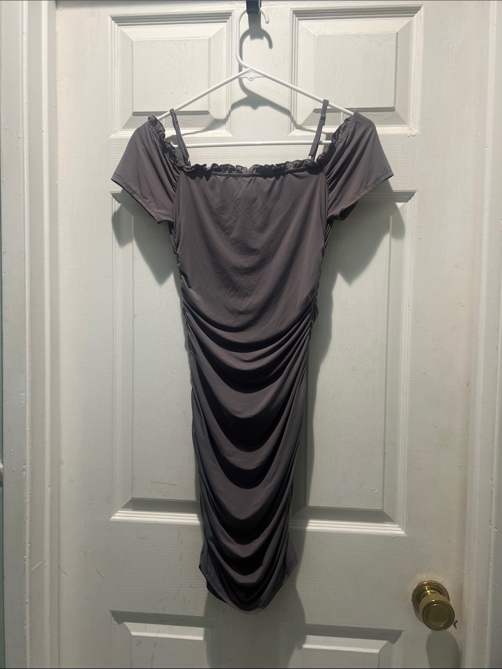 Aster Ruched Off-Shoulder Midi Dress in Light Brown - Picture 7 of 13